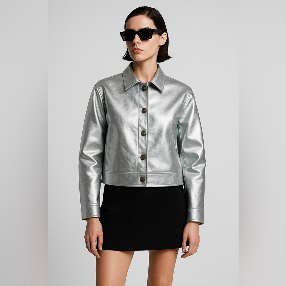 NIA “Venus Jacket” – Metallic Silver Faux Leather Jacket – Size Medium